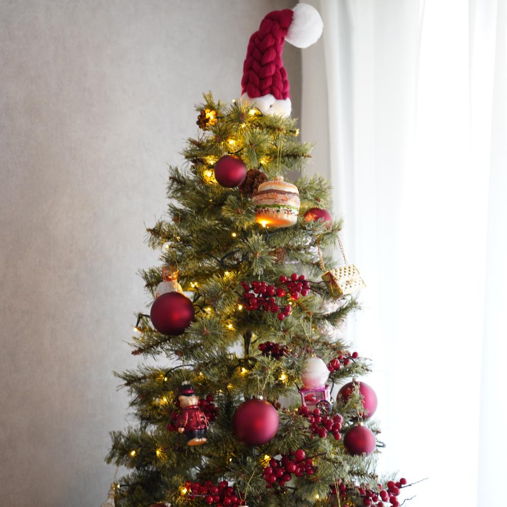 【アウトレット】【2点セット】手編みサンタ帽 ボルドー&グリーン