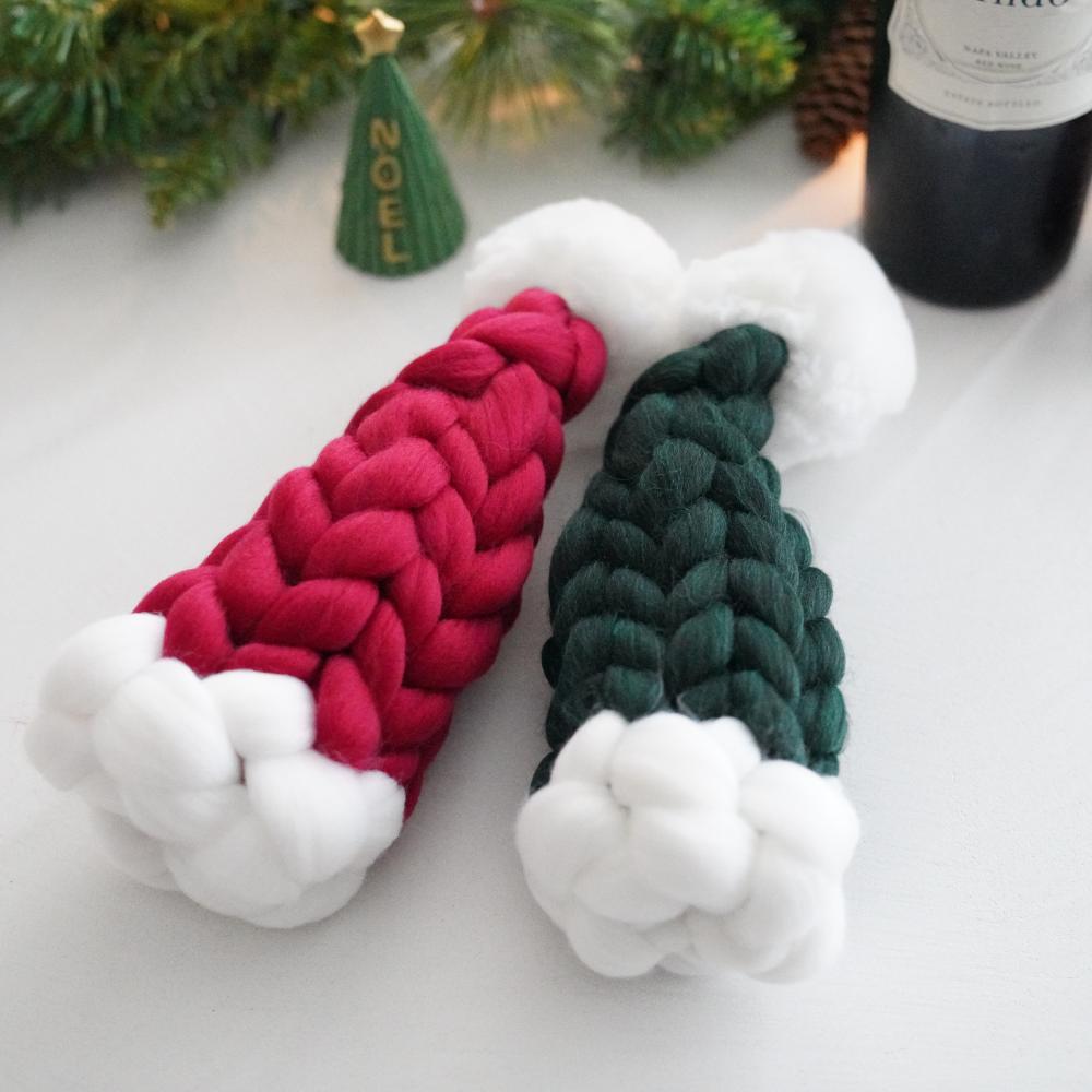 【アウトレット】【2点セット】手編みサンタ帽 ボルドー&グリーン