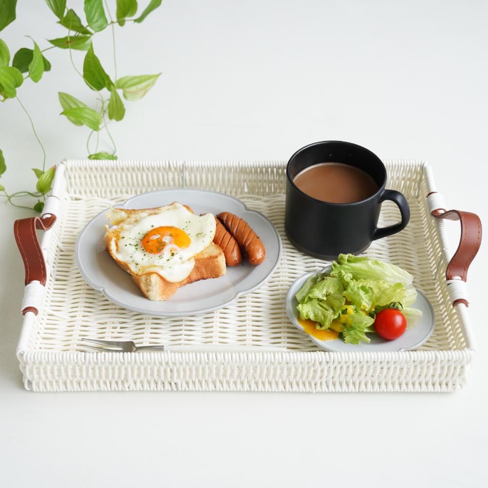 洗えるレザーハンドル付き レクタンギュラートレー（アイボリー）