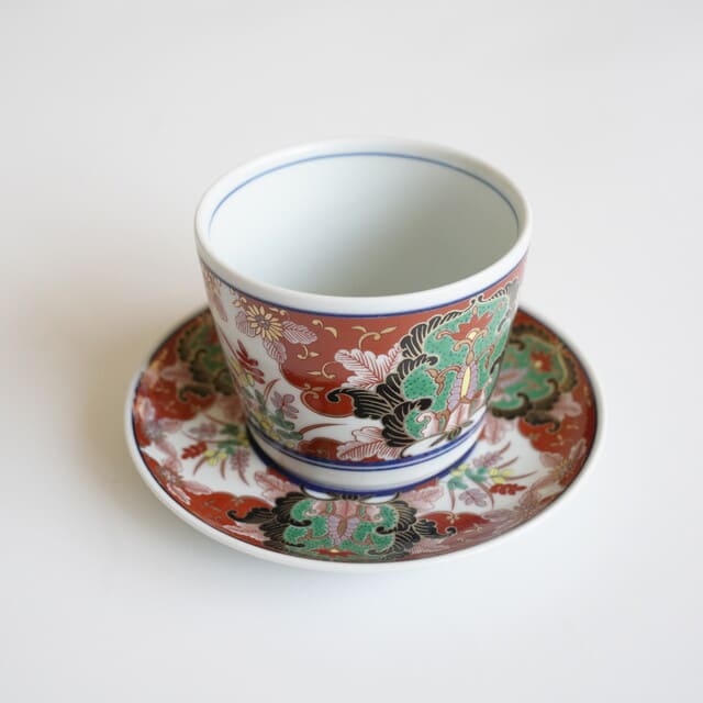 波佐見焼　赤濃草花紋　そば猪口