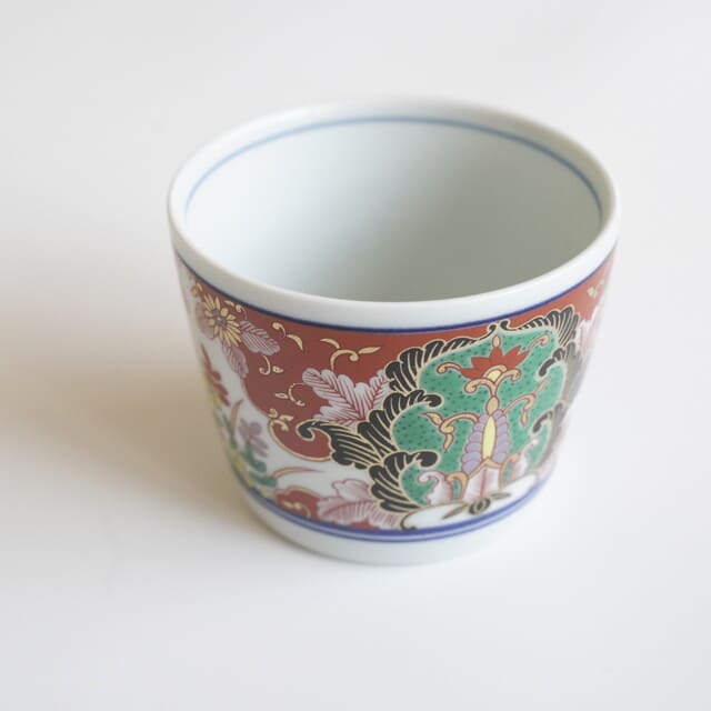 波佐見焼　赤濃草花紋　そば猪口