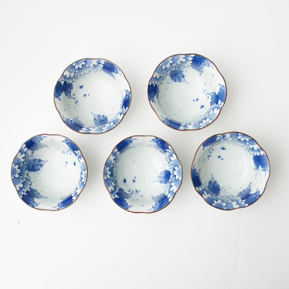 波佐見焼　牡丹唐草　花型小鉢揃（5枚セット）