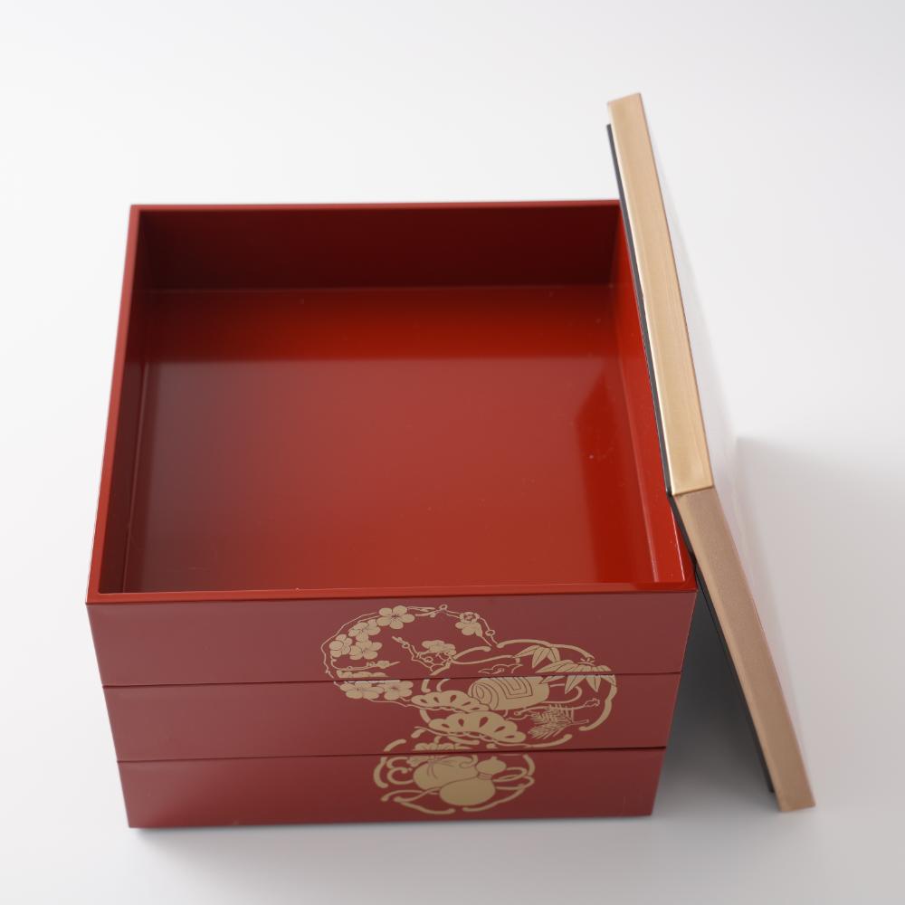 FOUR GRACE (フォーグレース) 正角玉手箱 柿朱金タタキ市松 三段重 7.5寸 はなまる紋 正角玉手箱 朱内朱渕金 三段重 FOURGRACEオリジナル
