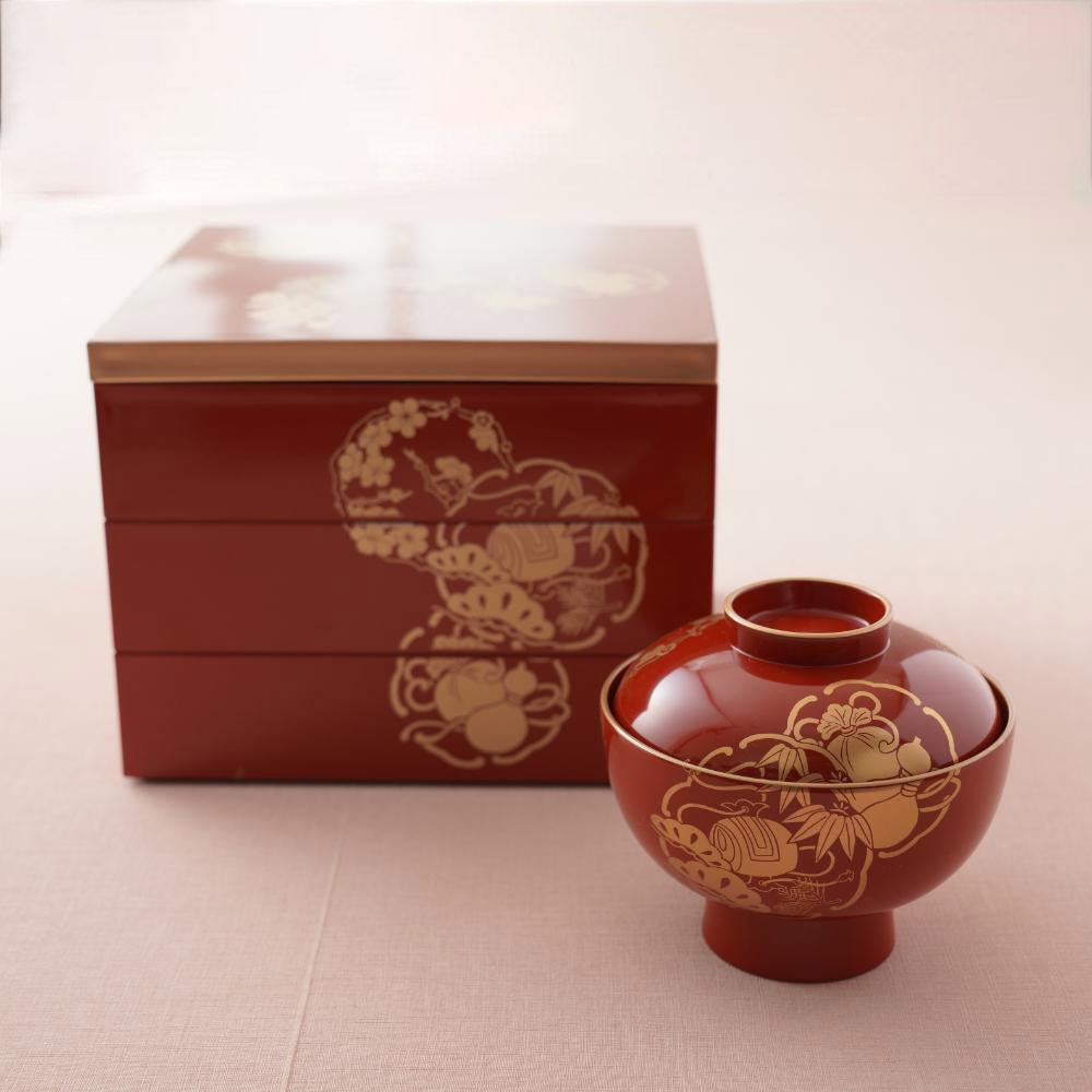 FOUR GRACE (フォーグレース) 正角玉手箱 柿朱金タタキ市松 三段重 7.5寸 はなまる紋 正角玉手箱 朱内朱渕金 三段重 FOURGRACEオリジナル