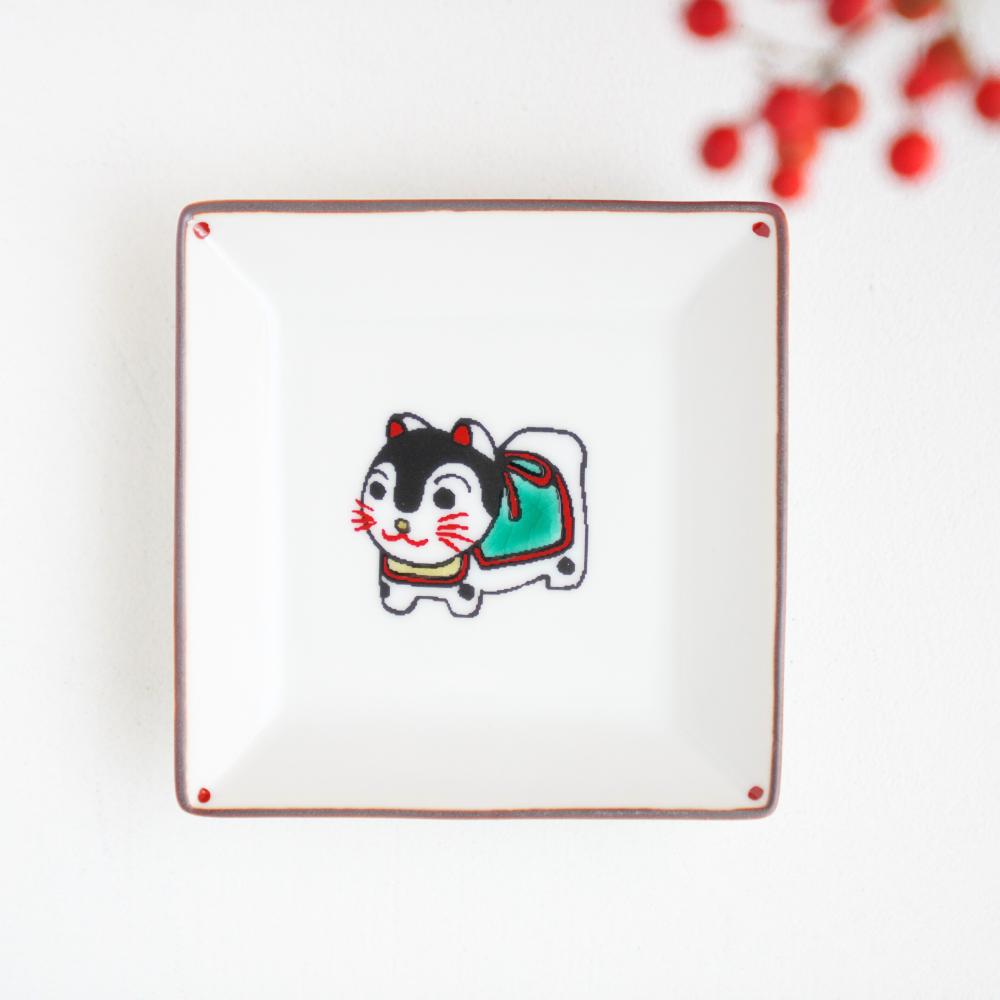 双鳩窯　九谷焼　角小皿　寿ぎ（ことほぎ） こまいぬ