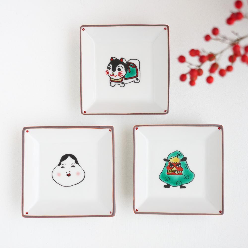 双鳩窯 九谷焼 角小皿 寿ぎ（ことほぎ） 獅子舞｜ 四季折々の