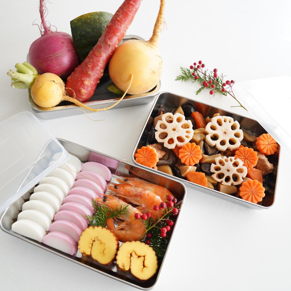 蓋付きステンレスバット･角型ザルセット(バット3個 角型ザル1個 蓋3個セット)