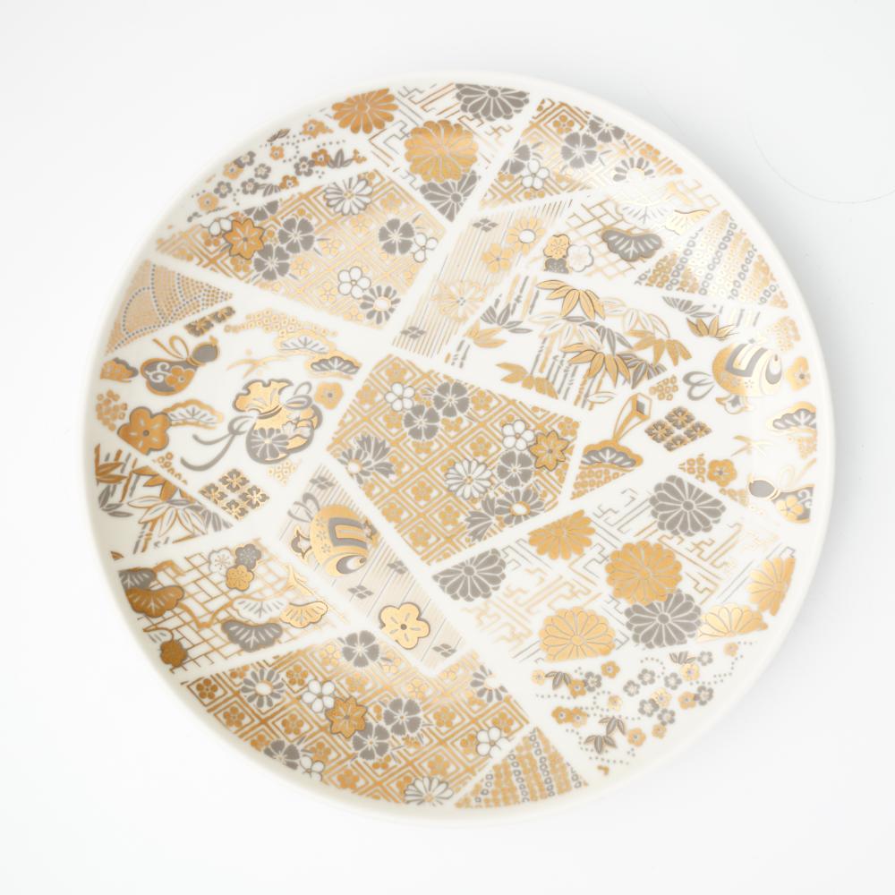 波佐見焼 金菊花菱 7号皿（化粧箱入り）FOURGRACEオリジナル