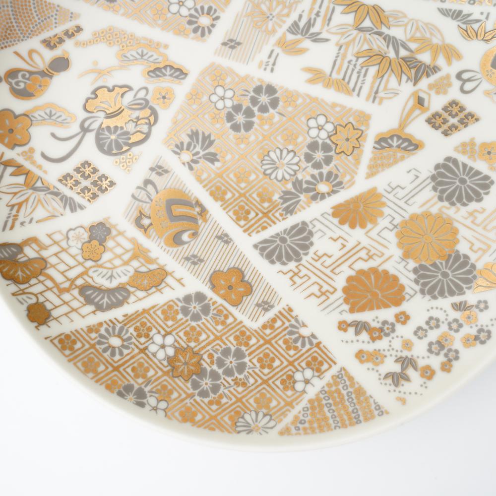 波佐見焼 金菊花菱 7号皿（化粧箱入り）FOURGRACEオリジナル