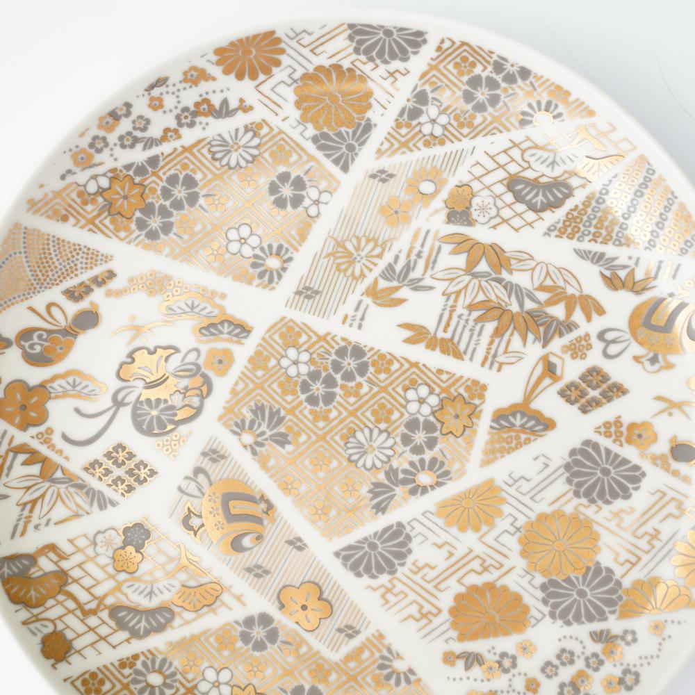 波佐見焼 金菊花菱 7号皿（化粧箱入り）FOURGRACEオリジナル