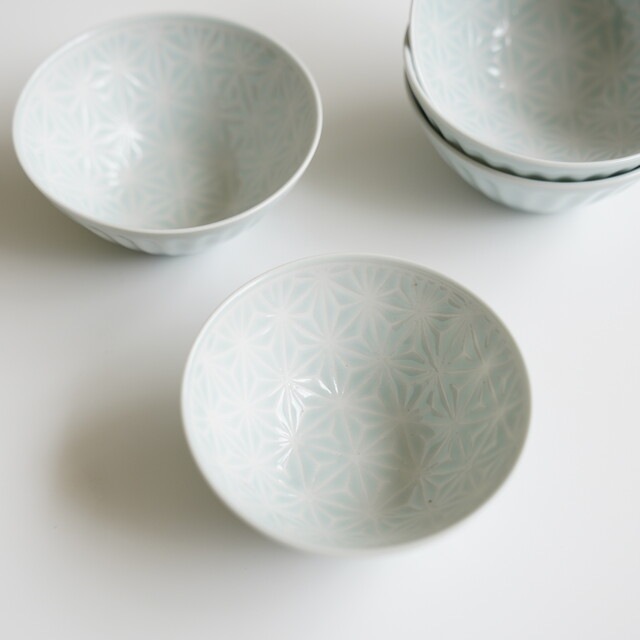 波佐見焼　麻の葉（ブルー）ボウルS　５個セット