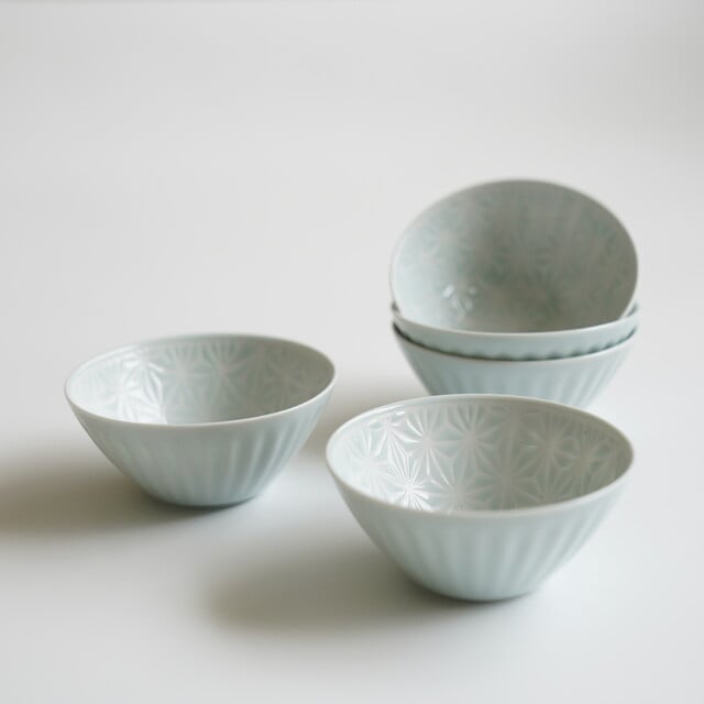 青い葉模様の陶器ボウルセット 5個 藍染ぶどう3.5ボール(和食器,鉢