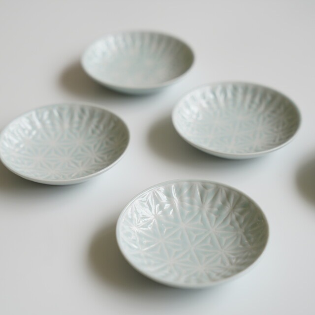 波佐見焼　麻の葉（ブルー）丸プレートS　５枚セット