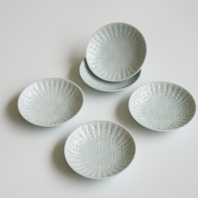 波佐見焼 麻の葉（ブルー）丸プレートS 5枚セット ｜ 四季折々の