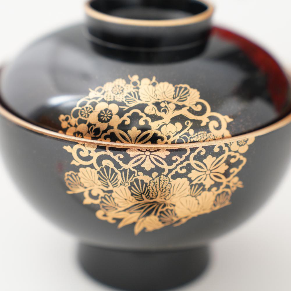 松竹梅花の丸 雑煮椀 FOURGRACEオリジナル 黒内朱 ｜ 四季折々の