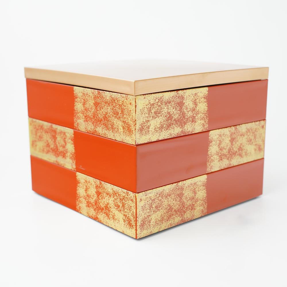 7.5寸 正角玉手箱 柿朱金タタキ市松 三段重 FOURGRACEオリジナル