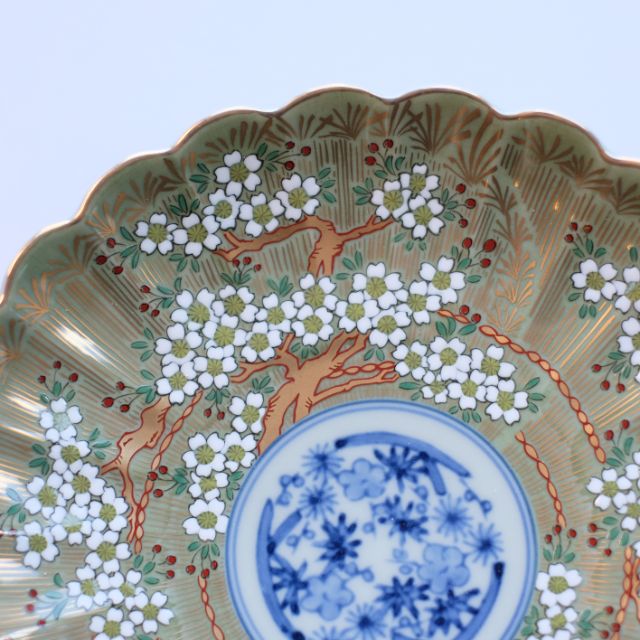 波佐見焼　琳派桜樹紋　6号皿　(緑)