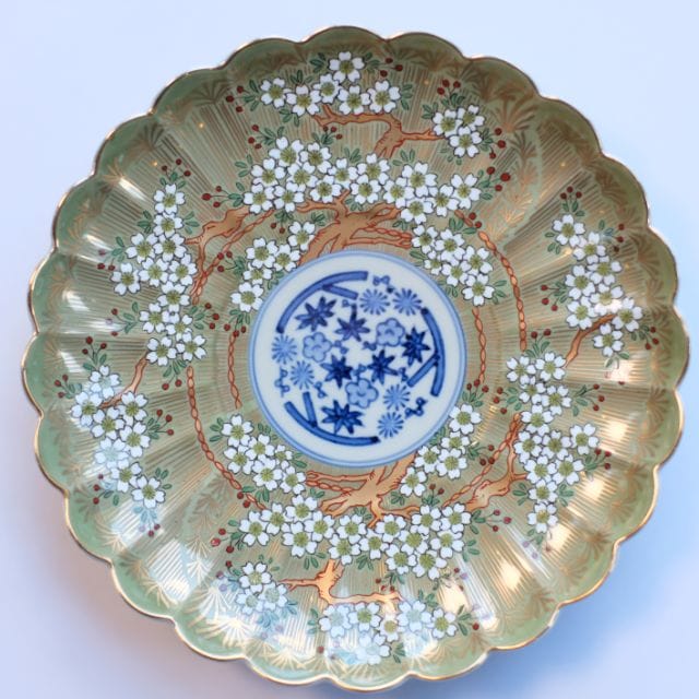 波佐見焼　琳派桜樹紋　6号皿　(緑)