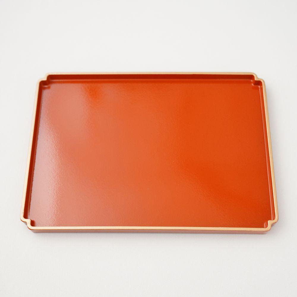 隅切盆　柿朱天金