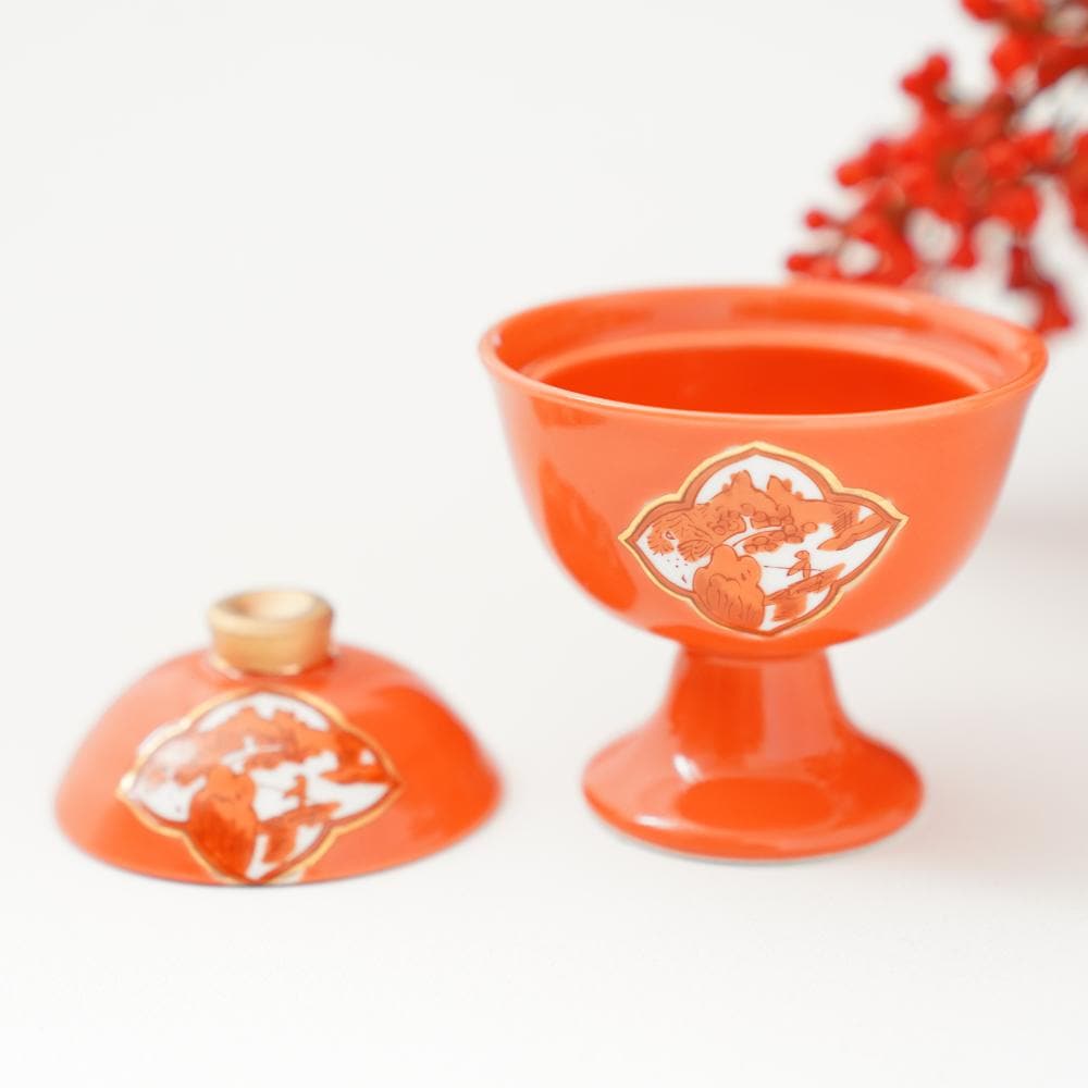 『オススメうー特価』　『5100出品記念』　雅陶　陶扇　紗矜　赤金彩　中皿　5枚 徳幸窯 錦クリーム釉金彩菊華紋4寸蓋物(5.5寸皿付)