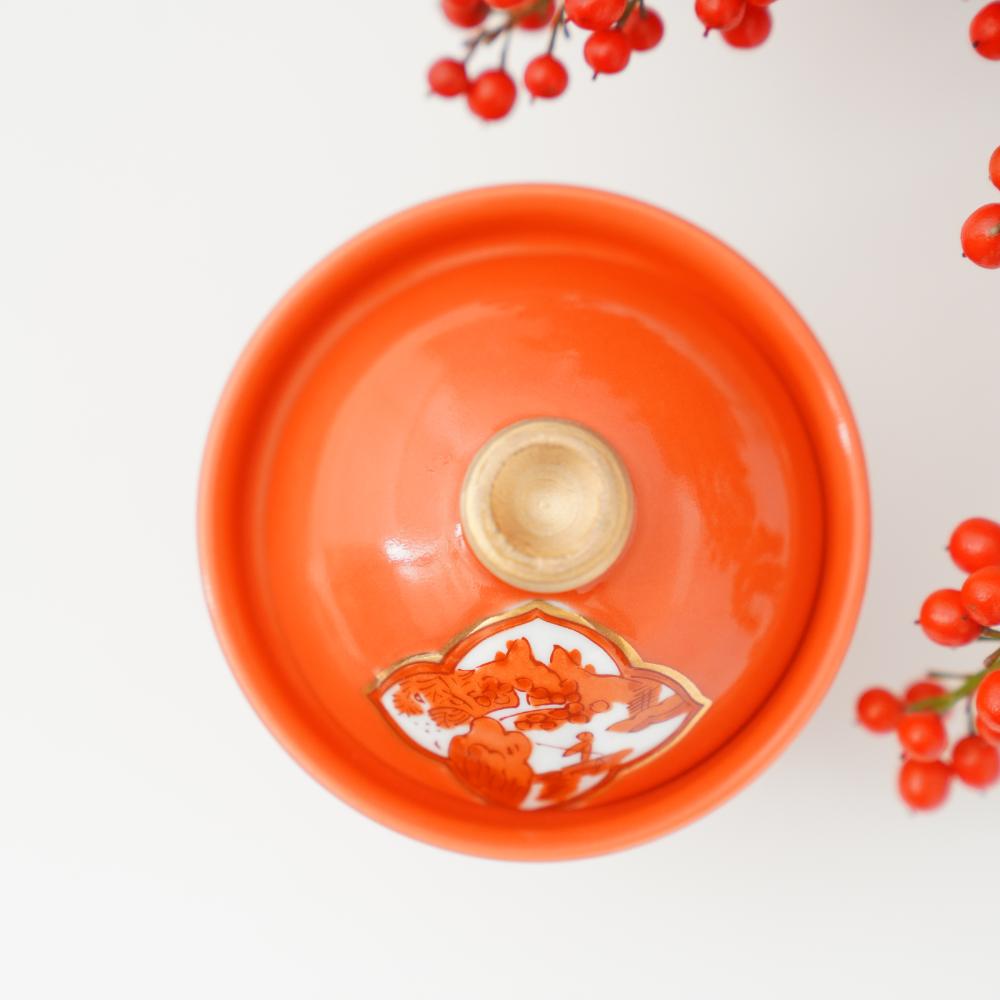 京焼 村田亀水 赤地金彩鉄鉢 菓子器 共箱 有田焼 赤絵金彩 木瓜山水 ツマミ金 蓋付高台中付｜ 四季折々の