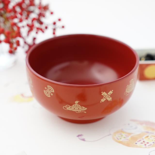 5.4寸　富貴鉢　柿朱内朱　宝尽くし絵入り