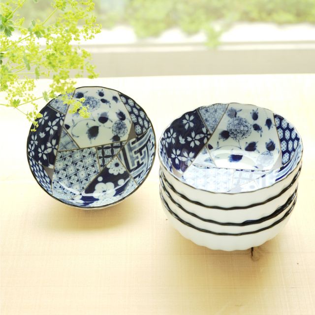 藍友禅　菊型　4.5寸鉢　5枚セット