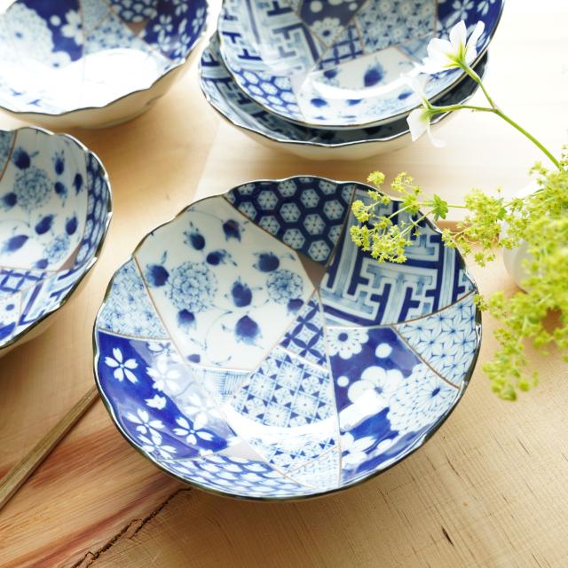 藍友禅　菊型　4.5寸鉢　5枚セット