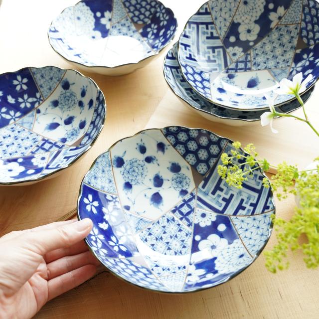 藍友禅　菊型　4.5寸鉢　5枚セット