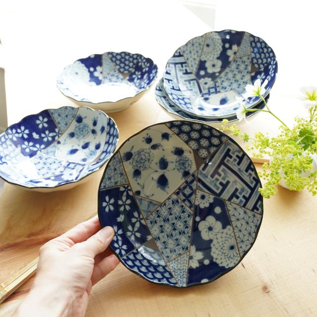 藍友禅 菊型5.5寸 浅鉢/取り鉢 5枚セット ｜ 四季折々の