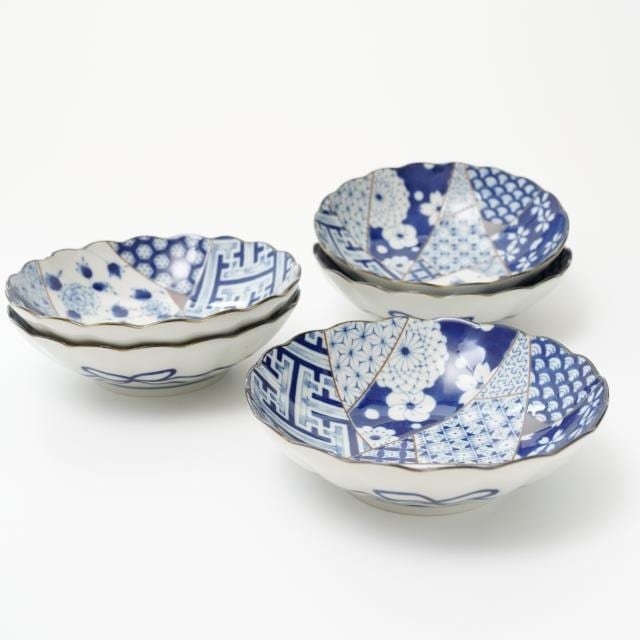 藍友禅 菊型5.5寸 浅鉢/取り鉢 5枚セット ｜ 四季折々の