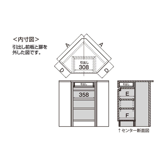 ふくまこ様オーダー品　奥行き525、長さ1150、天板高さ750 カウンター下すきまくん 引出し付きインコーナー(TNL/TNR) T