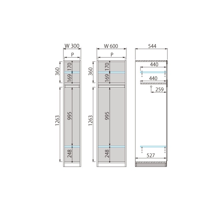 ワードローブすきまくん ミラー扉 下ハンガー＋上下棚(MB) 横幅