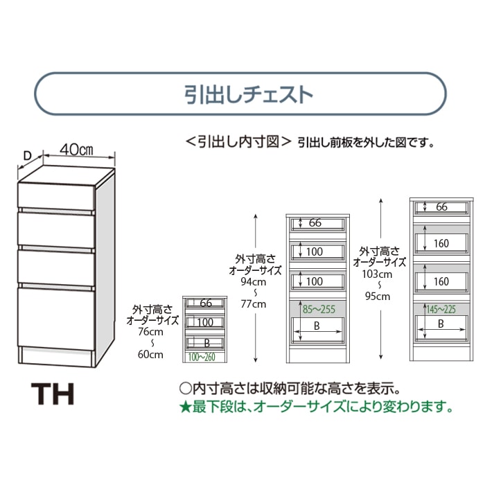 カウンター下すきまくん 引出しチェスト(TH) Tシリーズ 横幅40cm 高さ77-103cm 奥行25cm