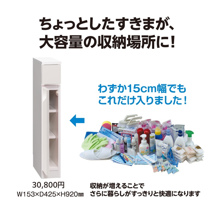 スリムすきまくん Mタイプ ミラー扉キャビネット(M1L/M1R) 幅15~30cm 高さ180.2cm 奥行42cm