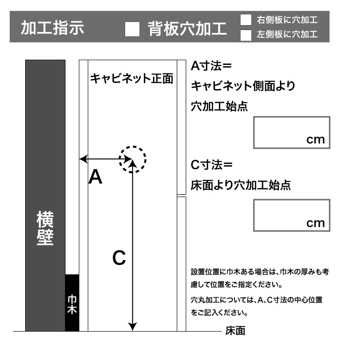 【オプション】側板穴加工(キャップ穴加工)<br> 