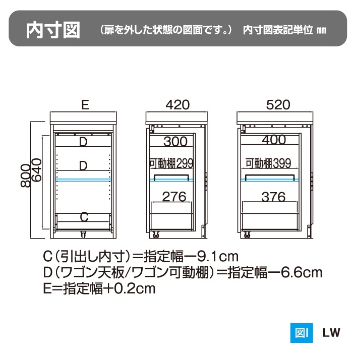サニタリーすきまくん 下台単品・ワゴン(LW) 横幅15~30cm 高さ80cm 奥行52cm
