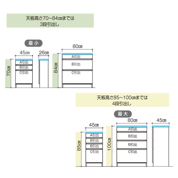 3Dすきまくん Hタイプ チェストユニット 幅61~80cm 高さ85~100cm 奥行26~35cm