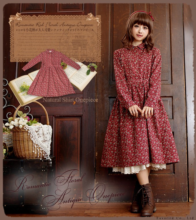 ワンピース レッド ミディアム丈 長袖 秋冬 レディース 小花柄
