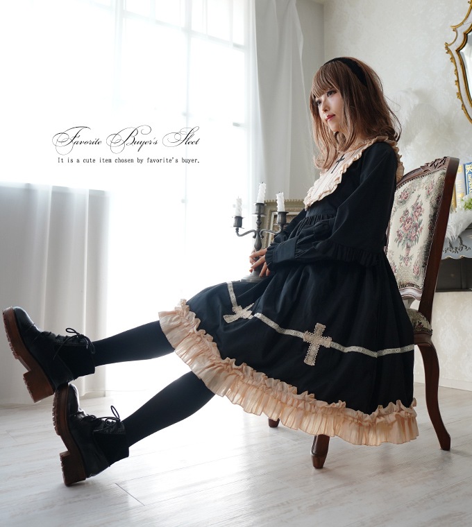ワンピース ロザリオ フリル ミディアム丈 レース リボン ロザリオ