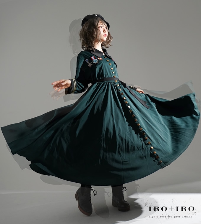 ワンピース ロング丈 軍服風 勲章 秋冬 グリーン ＊Favoriteオリジナル