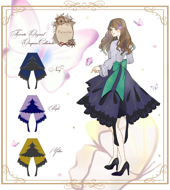 ボトムス スカート ミディアム丈 蝶 バタフライ 3色展開  ＊Favoriteオリジナル＊バタフライモチーフのミディアム丈スカート【2020年1月下旬予約開始】|再入荷リクエスト