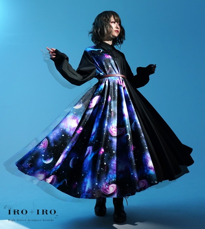 シャツ シャツワンピース ユニセックス 宇宙 ギャラクシー ブラック＊ Favoriteオリジナル＊ギャラクシーなマキシ丈ブラックシャツワンピース【IRO+IRO】【2020年4月下旬予約開始】|再入