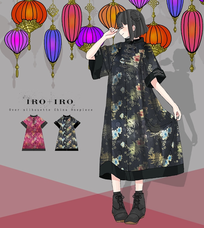 ワンピース ミディアム丈 チャイナ ビッグシルエット 花柄＊ Favorite