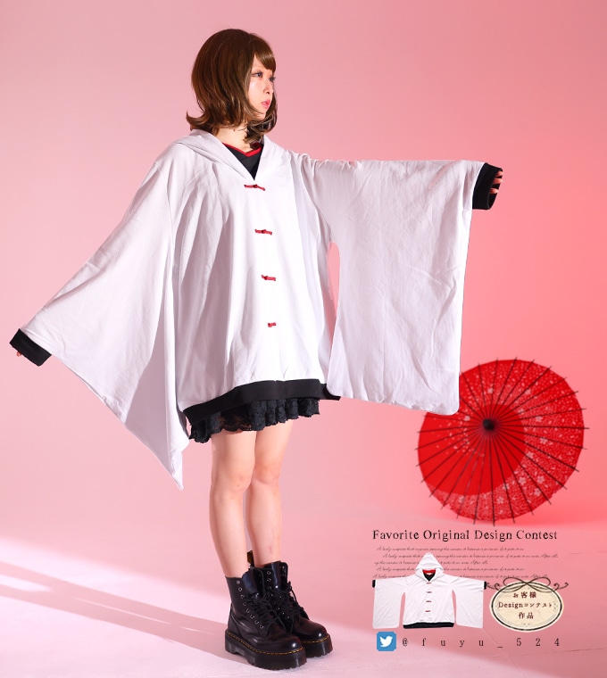 IRO+IRO フェイバリット　着物風　パーカー　白　春　可愛い　和風 トップス パーカー 着物 重ね着風 白＊お客様Designコンテスト作品