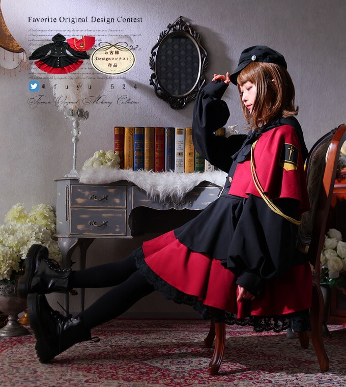 Amavel ダブルブレスト 軍服　ワンピース 　ワインレッド　ブラック ゴスロリ軍服ワンピース OP ブラック コットン ダブルブレスト ボタン