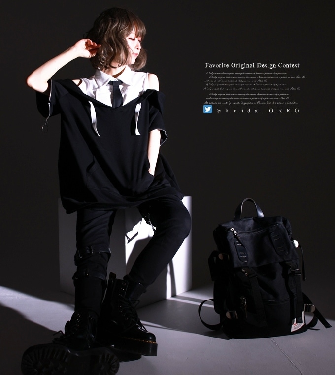 ワンピース専門店favorite 森ガール ナチュラル パーカー シャツ ユニセックス 重ね着風 オフショル風 ネクタイ付き お客様designコンテスト作品 Favoriteオリジナル 丈長袖のオフショル風重ね着シャツパーカー モノクロ 21年5月新作中旬 すべての商品