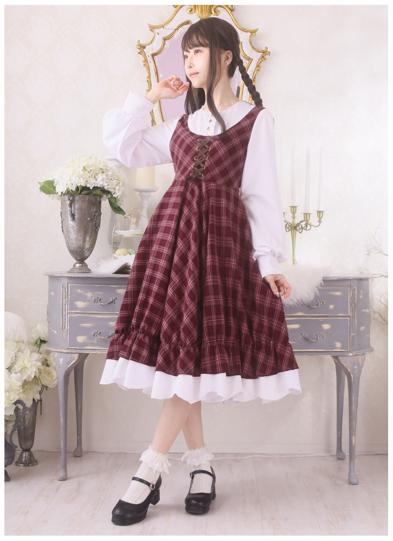 カフェラテブラウン ドット柄 フリル付きレースヨークのワンピース テディ・エトワール フリルヨークチェックワンピース | HoshibakoWorks