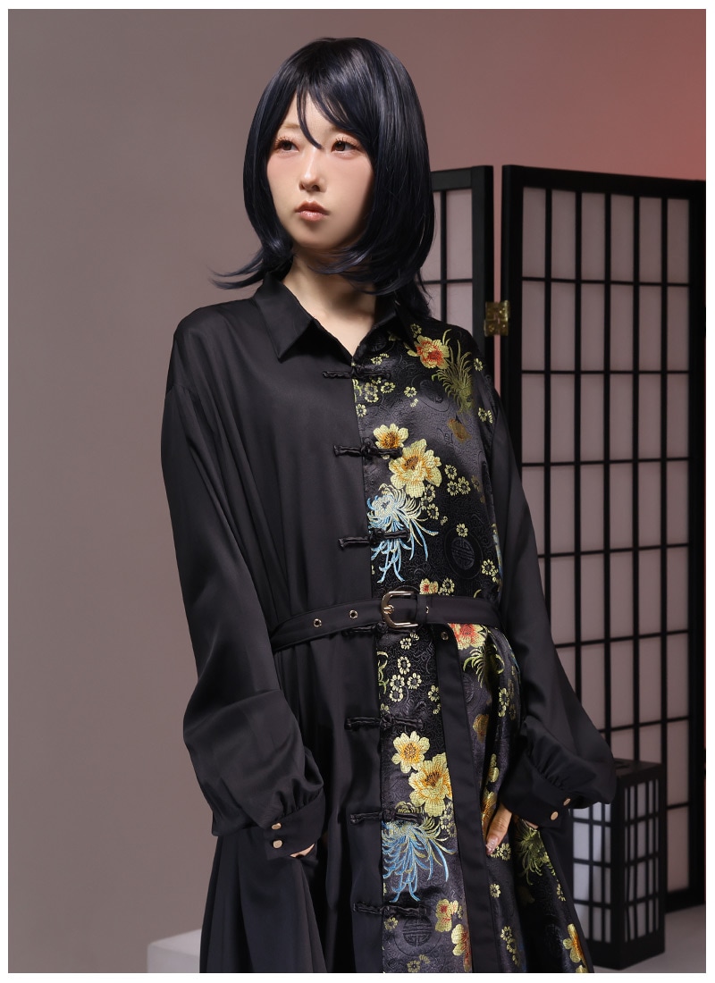 アメQアルマジ限定 チャイナチュニック 黒 半身チャイナ柄ロングシャツ ｜ Favoriteオリジナル