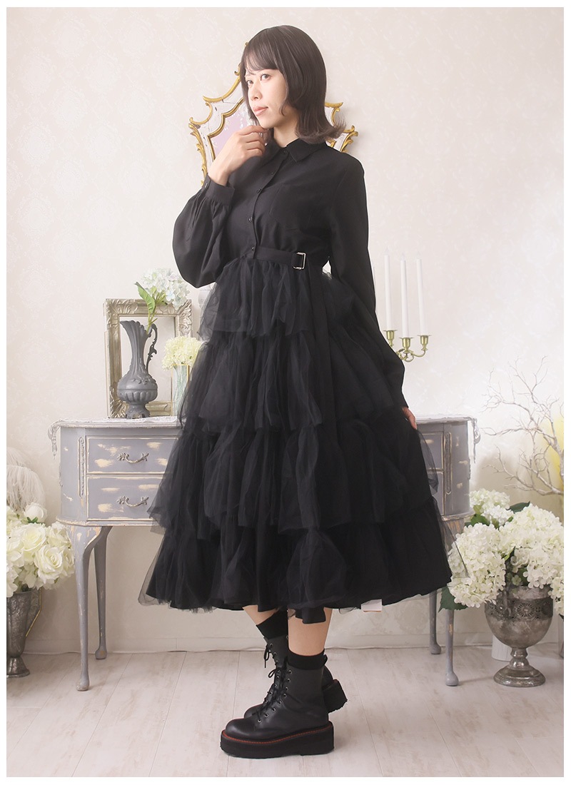 最短即日出荷】シャツワンピース ミモレ丈 シースルー チュール